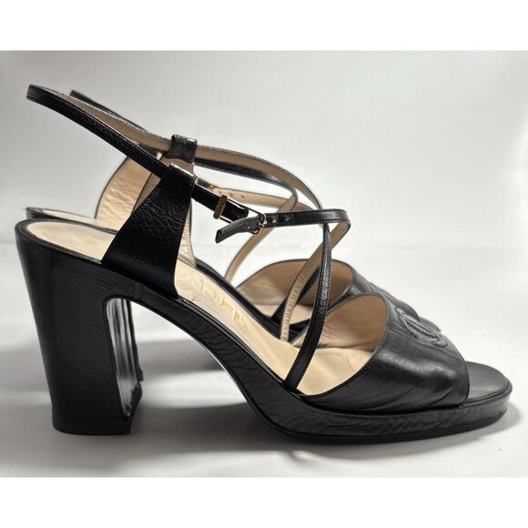 Chanel Block Heels Platform Black CC Logo Leather Sandals Vintage Sz EU 39 9 - Picture 9 of 12